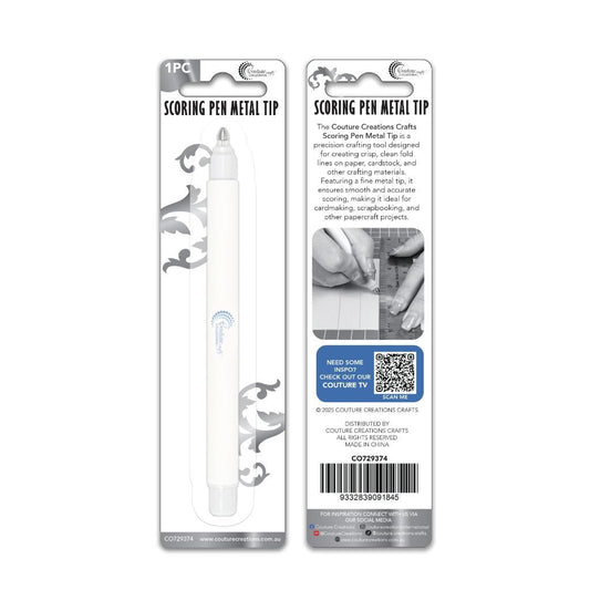 Scoring pen with metal tip in packaging including directions for use, on a white background
