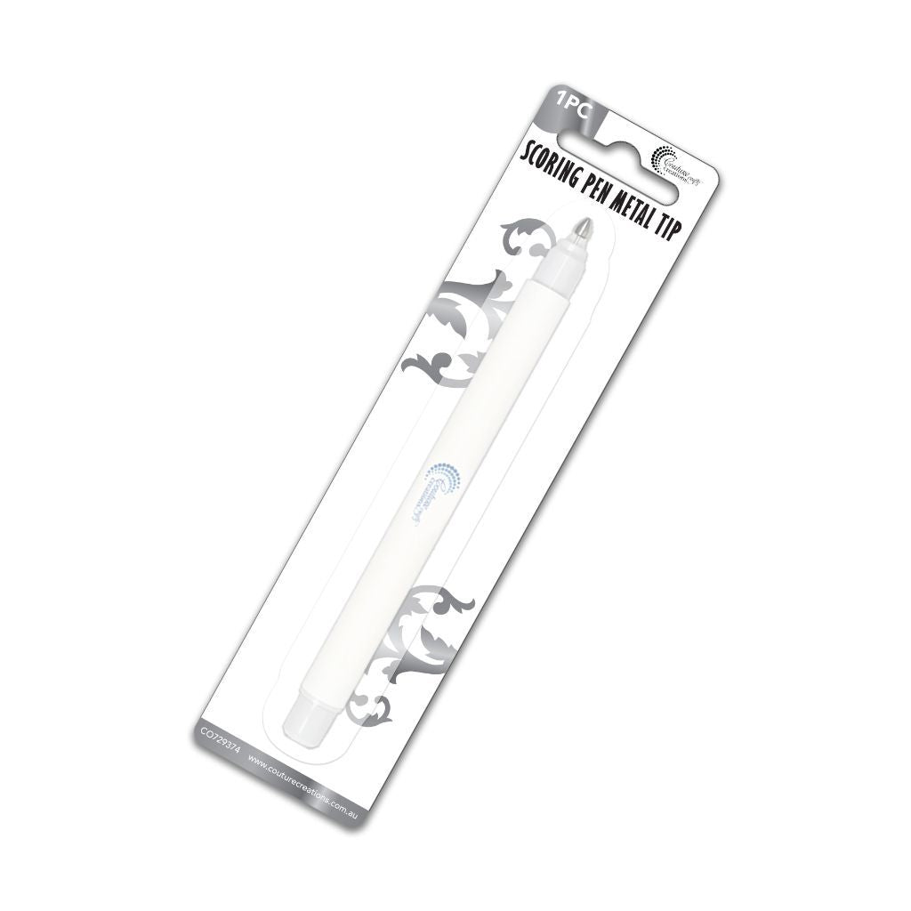 Packaged scoring pen with metal tip on a white background