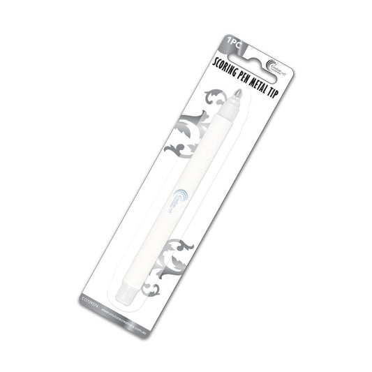 Packaged scoring pen with metal tip on a white background