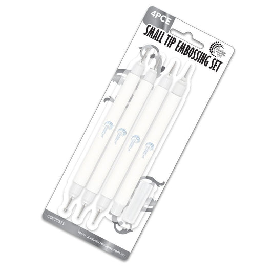 Packaged set of small tip embossing tools with clear plastic tips on a white background