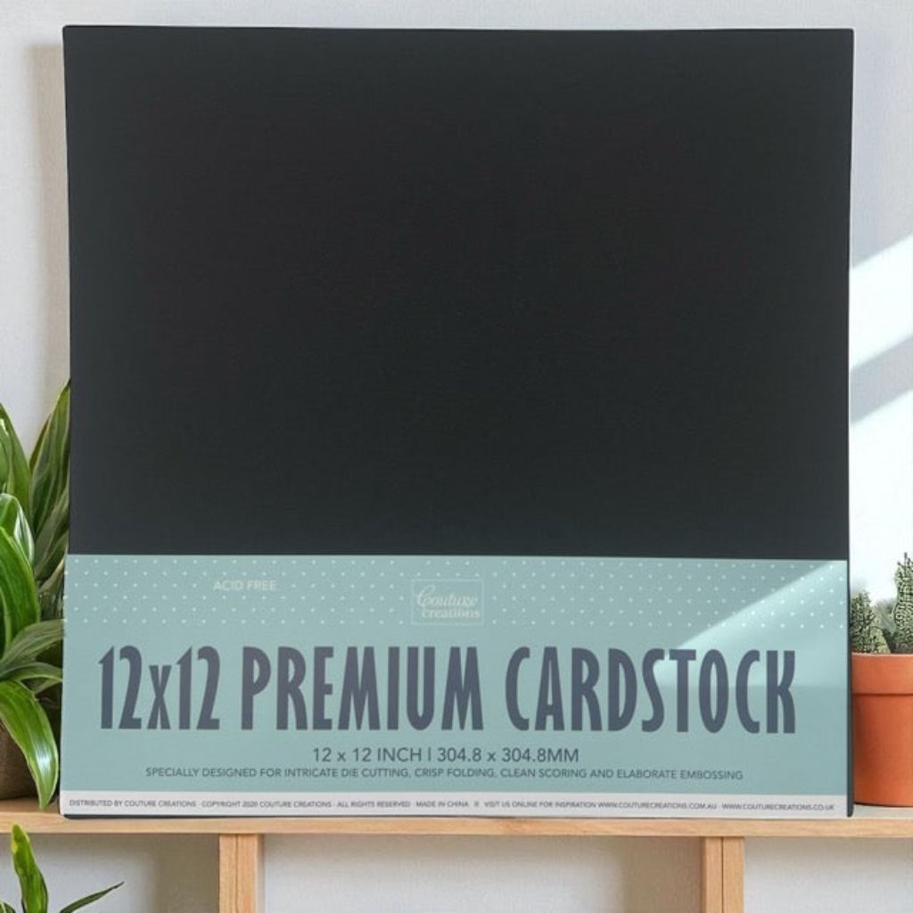 12x12 premium black 216gsm cardstock packaging on a wooden surface with plants in the background
