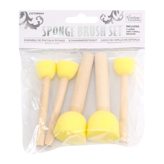 Packaged sponge brush set with yellow bristles and wooden handles on a white background.