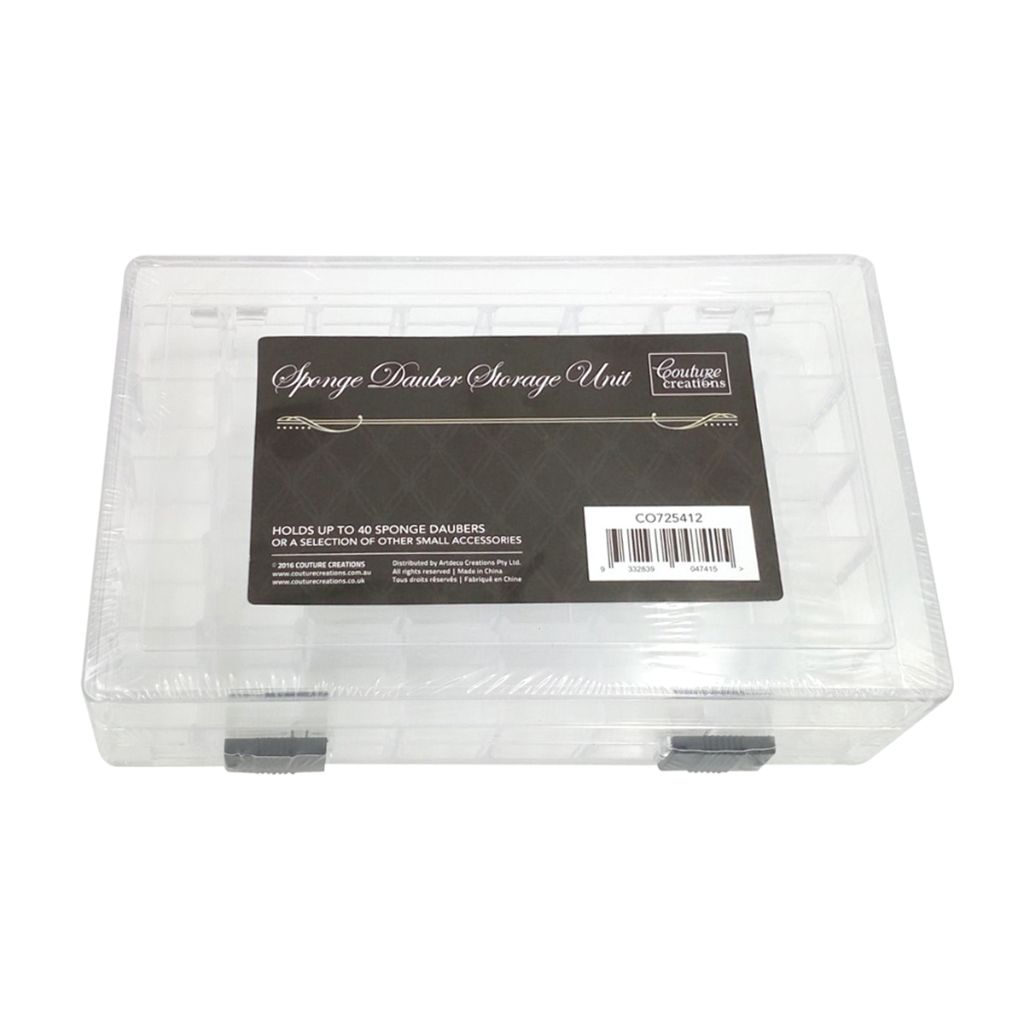Couture Creations clear plastic sponge dauber storage unit holds up to 40 daubers with secure black clasps