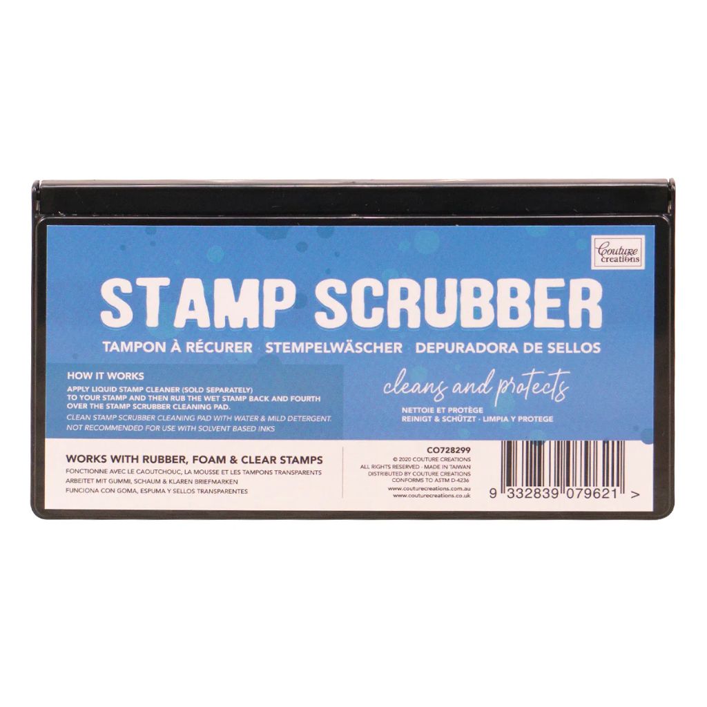 Stamp scrubber with blue label and black border