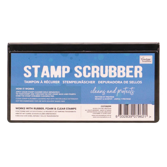 Stamp scrubber with blue label and black border