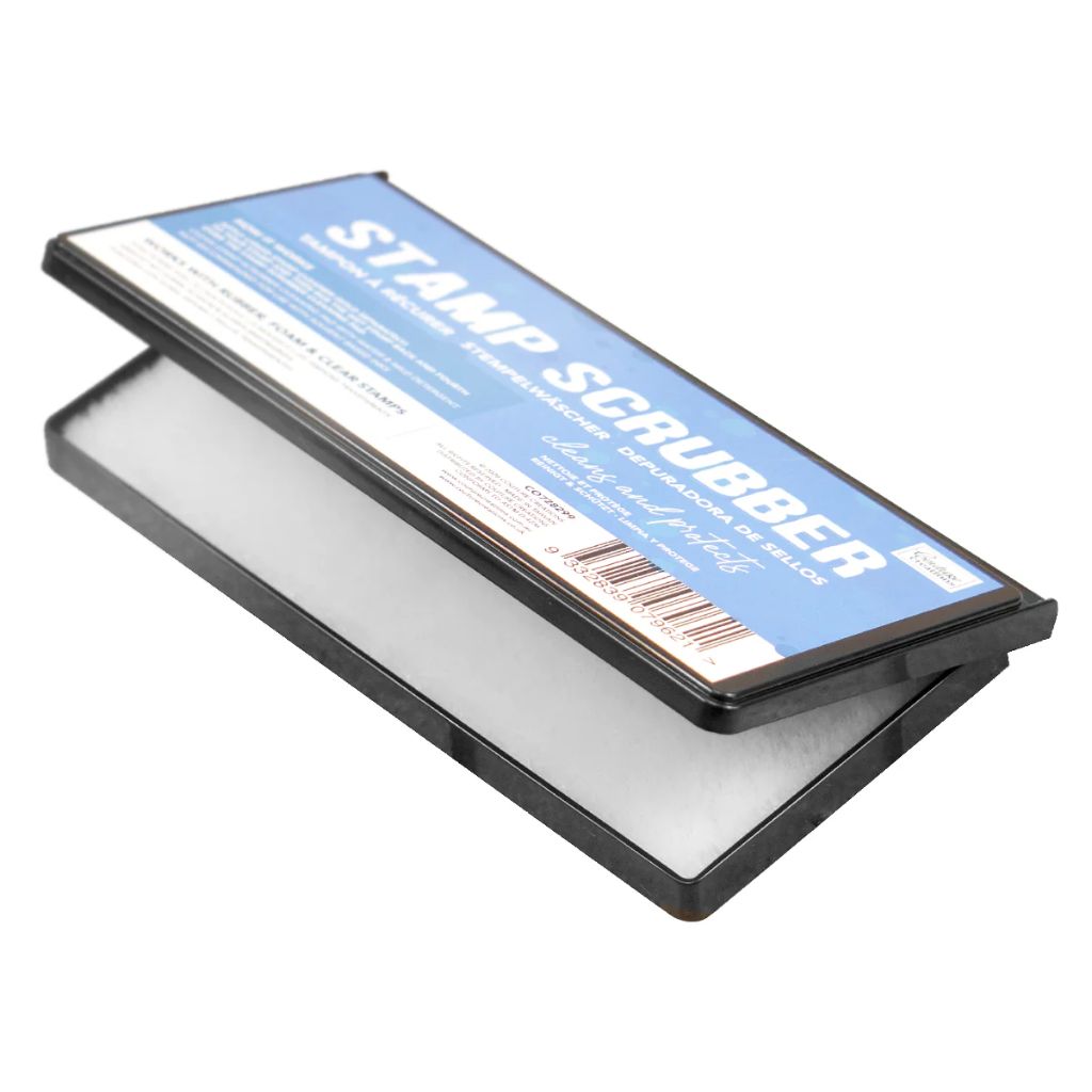 Stamp scrubber with blue label on a white background