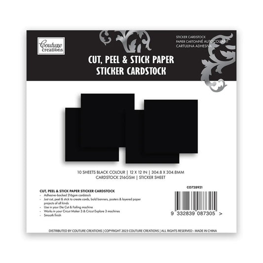 Couture Creations cut, peel & stick paper sticker cardstock packaging with black stickers.