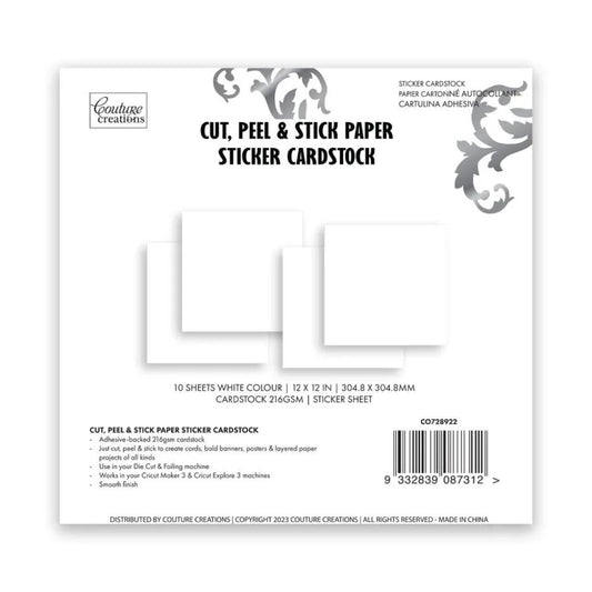 Couture Creations cut, peel and stick white sticker cardstock pack - 10 sheets of 12x12 inch adhesive-backed cardstock for die cutting and card making