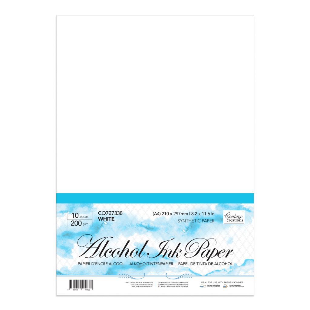 200gsm, A4 White Alcohol Ink Paper packaging with white paper and blue accents on a white background