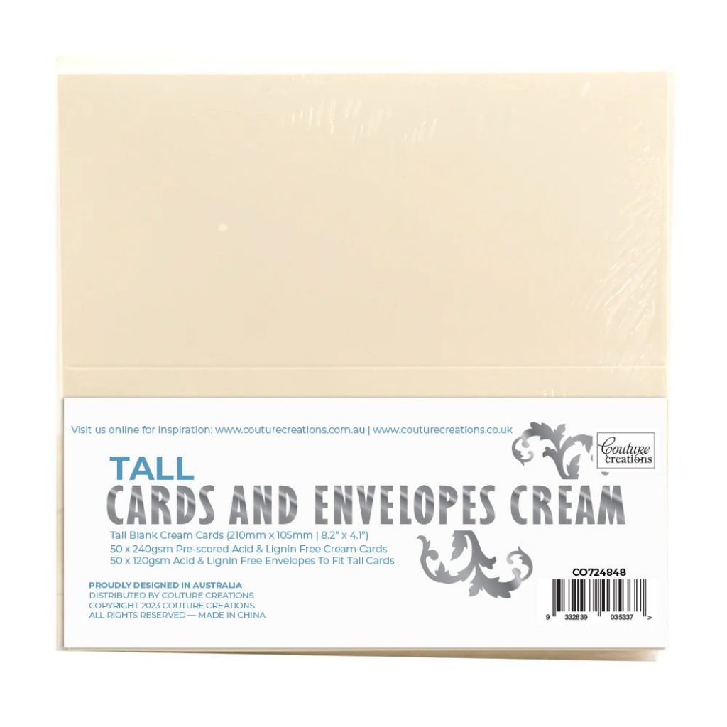 Pack of cream tall cards and envelopes with a visible Couture Creations brand label on a white background.