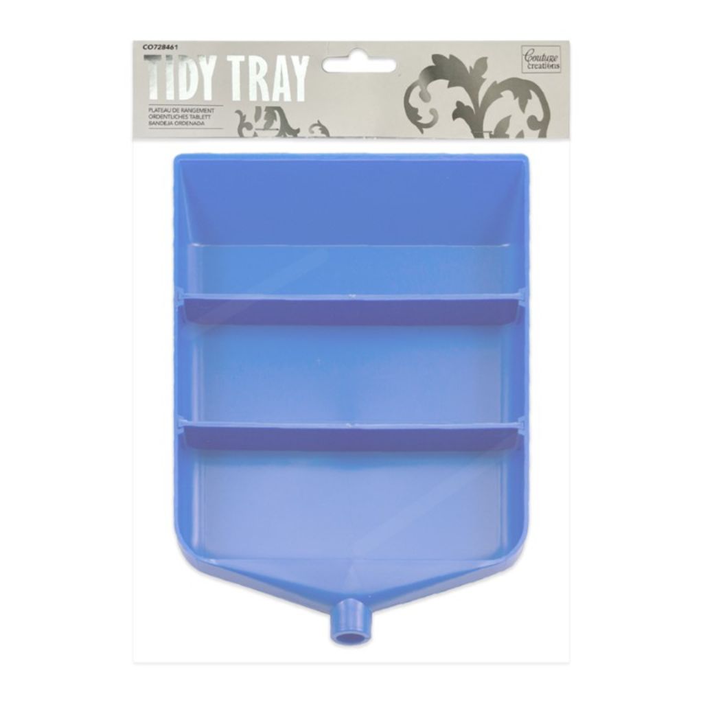Blue plastic tidy tray with packaging on a white background