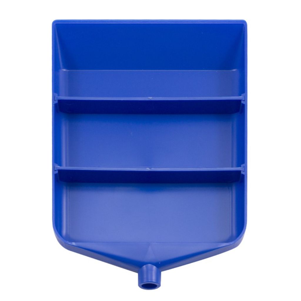 Blue plastic tidy tray with funnel on a white background