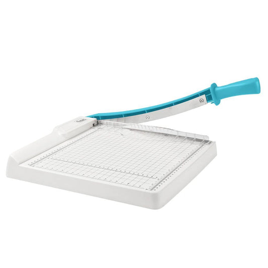 White paper trimmer with blue handle on a white background