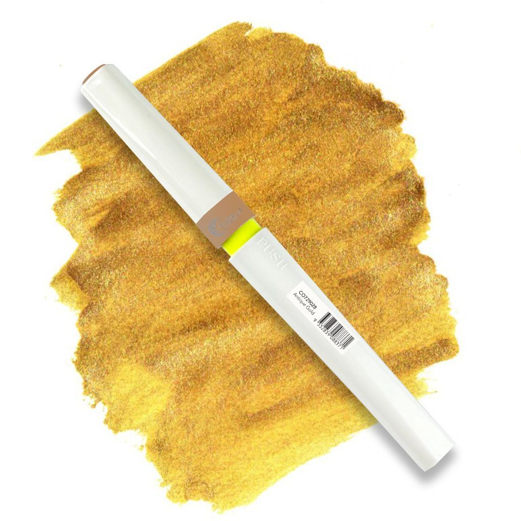 Antique Gold Winkles Glitter Marker with a swatch of the colour in the background. 