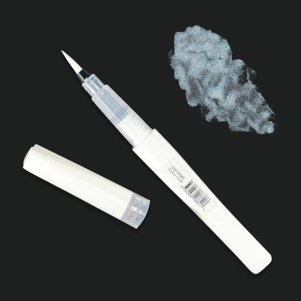 Crystal Frost Winkles Glitter Brush Marker with a swatch of the colour on a black background