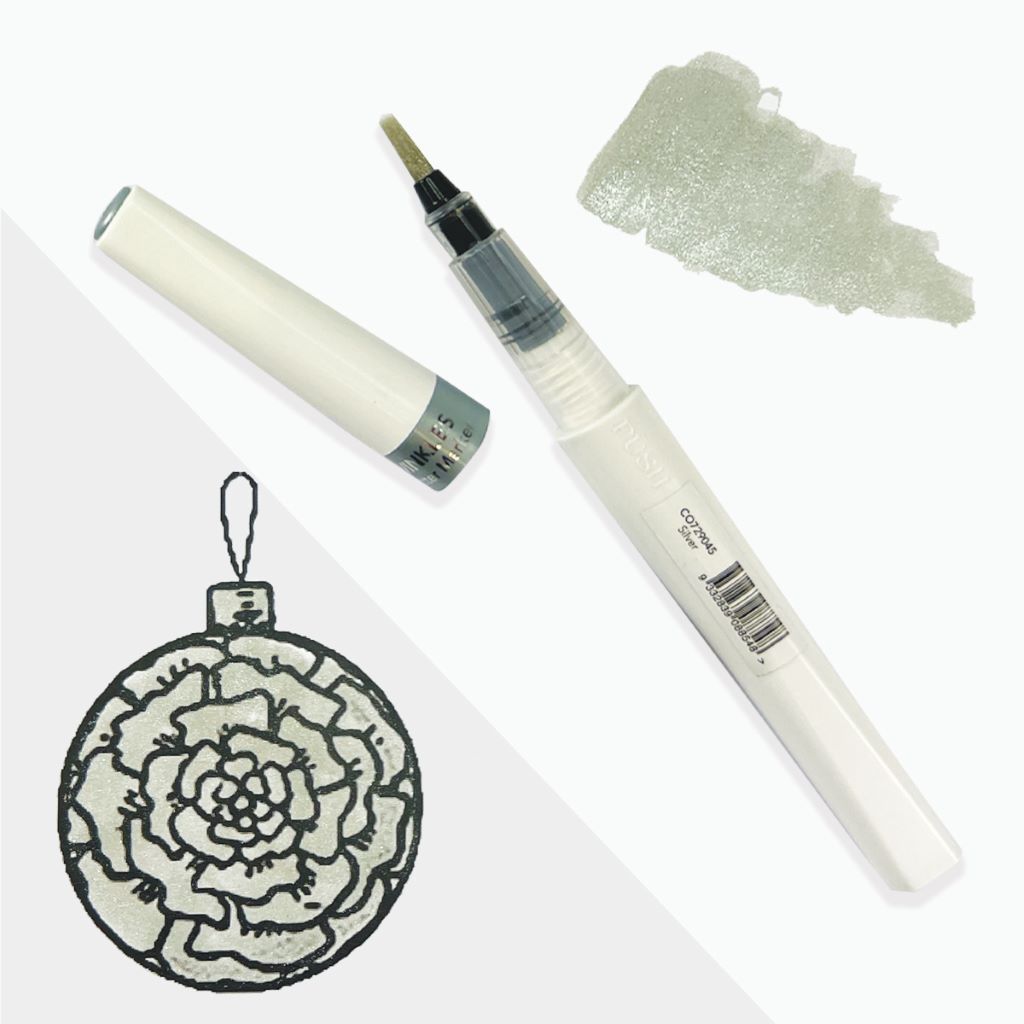 Silver Winkles Glitter Marker pen with a floral design and ink sample on a white background