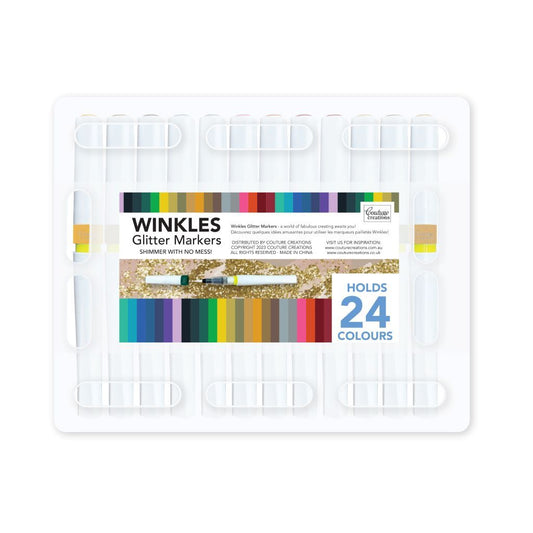 Packaging of Winkles Glitter Markers with color swatches on a white background