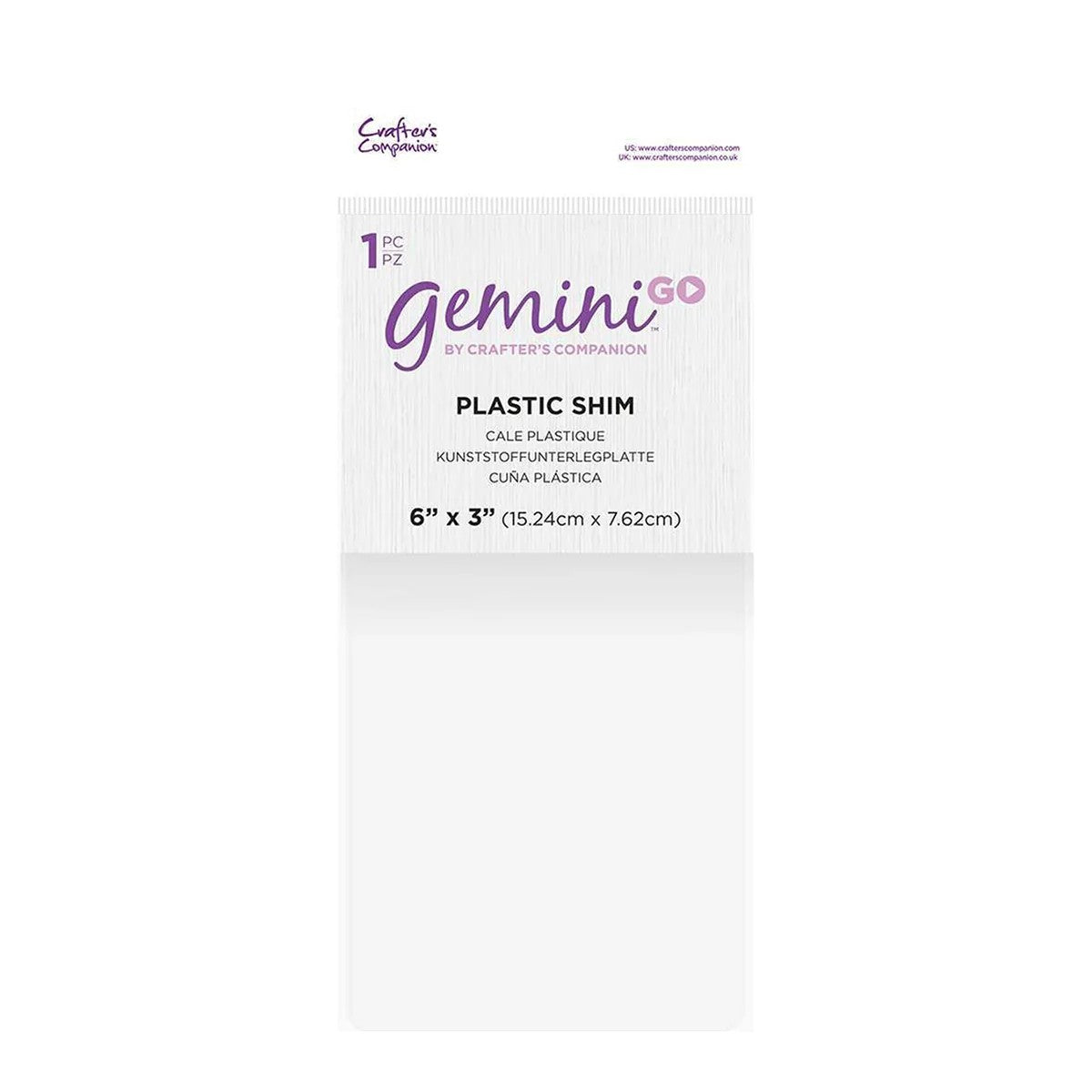 Crafter's Companion Gemini Go plastic shim packaging showing 6x3 inch compact size for die cutting and embossing