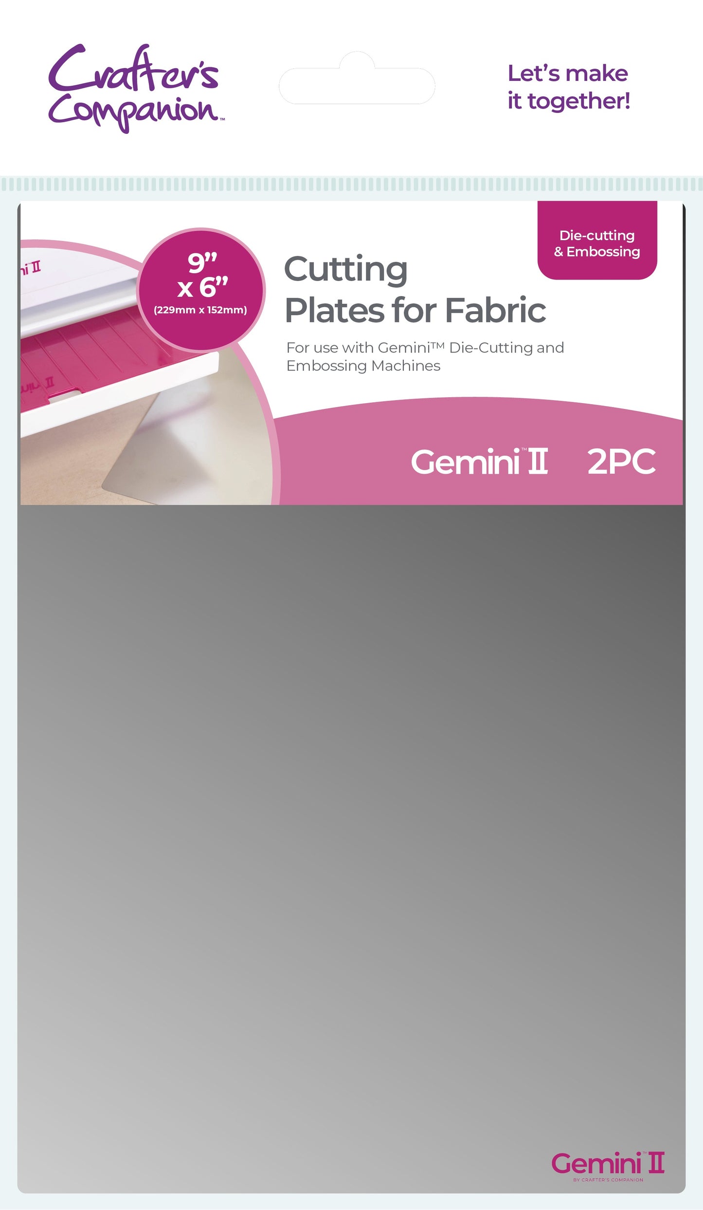 Crafter's Companion Gemini II cutting plates for fabric packaging showing 9x6 inch 2-piece set for die cutting machines