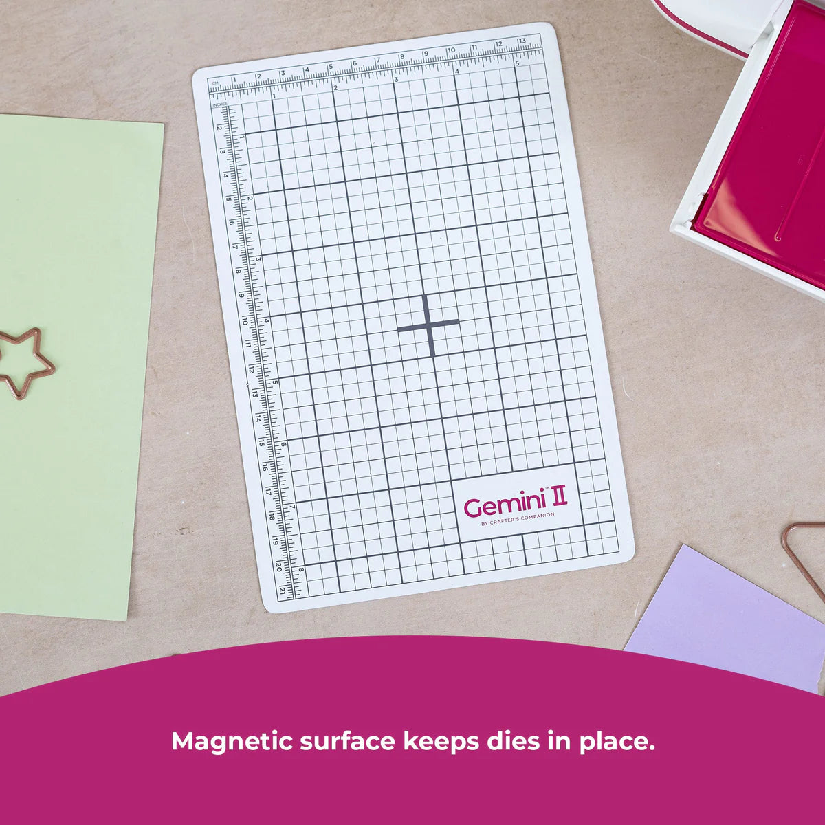Gemini II magnetic shim on craft table showing magnetic surface keeps dies in place with card base size guides