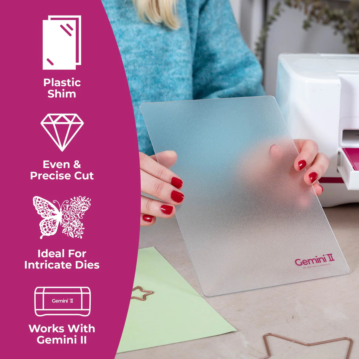 Gemini II plastic shim being used with die-cutting machine showing even precise cut ideal for intricate dies