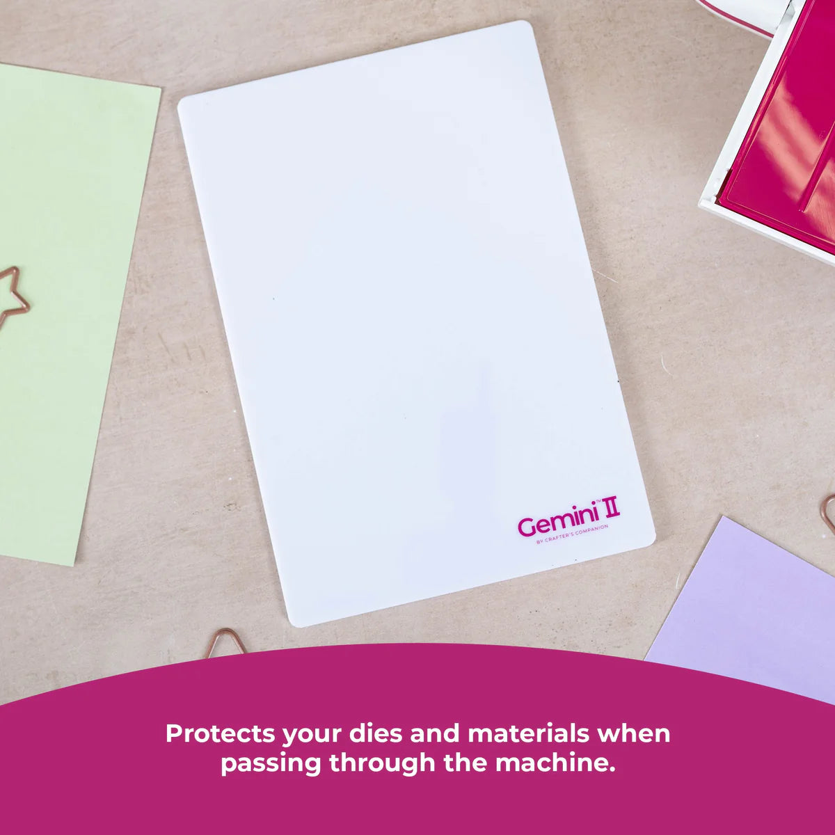 Gemini II white cutting plate on craft table protects dies and materials when passing through die-cutting machine