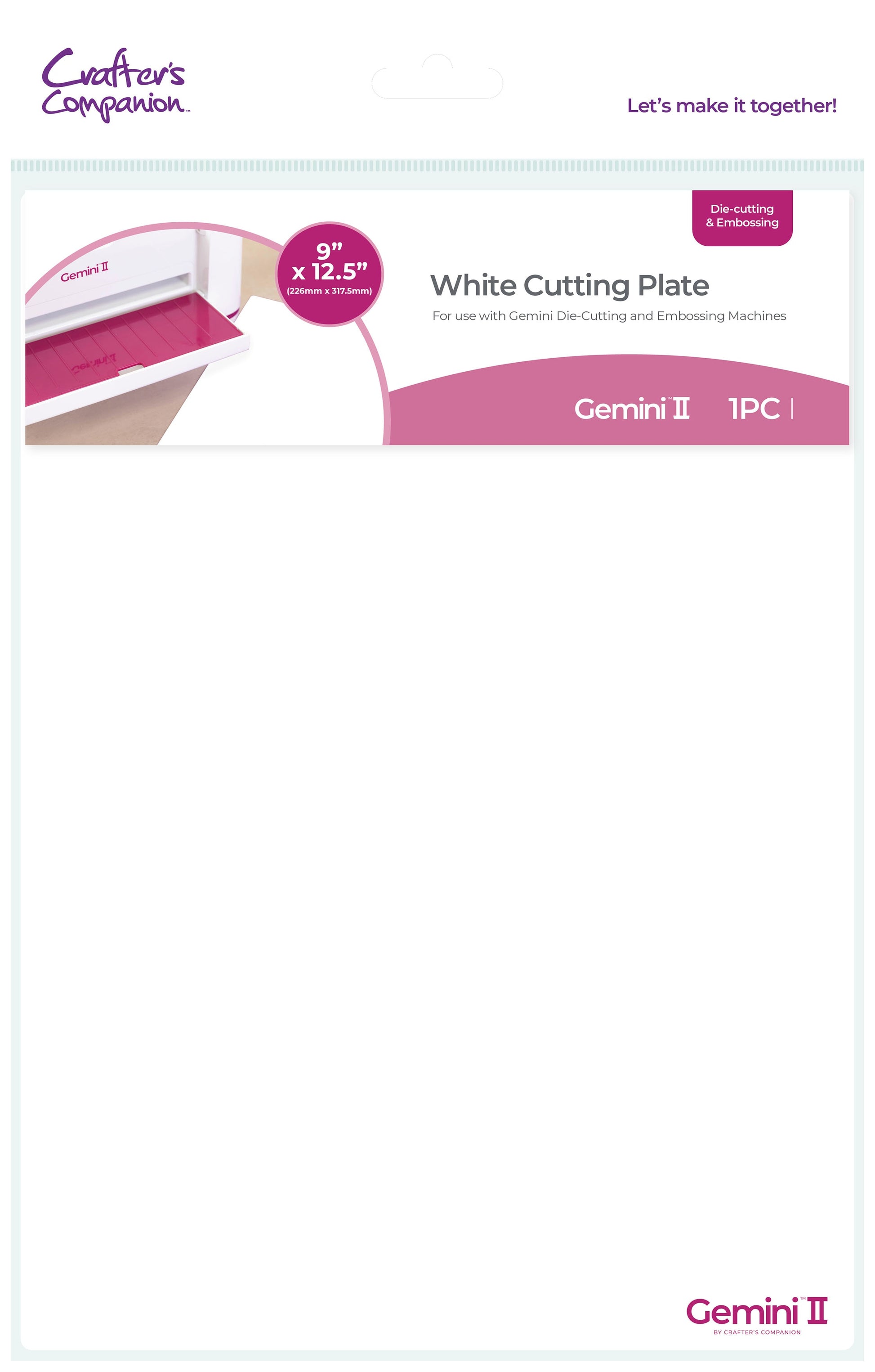 Crafter's Companion Gemini II white cutting plate packaging showing 9x12.5 inch plate for die cutting and embossing