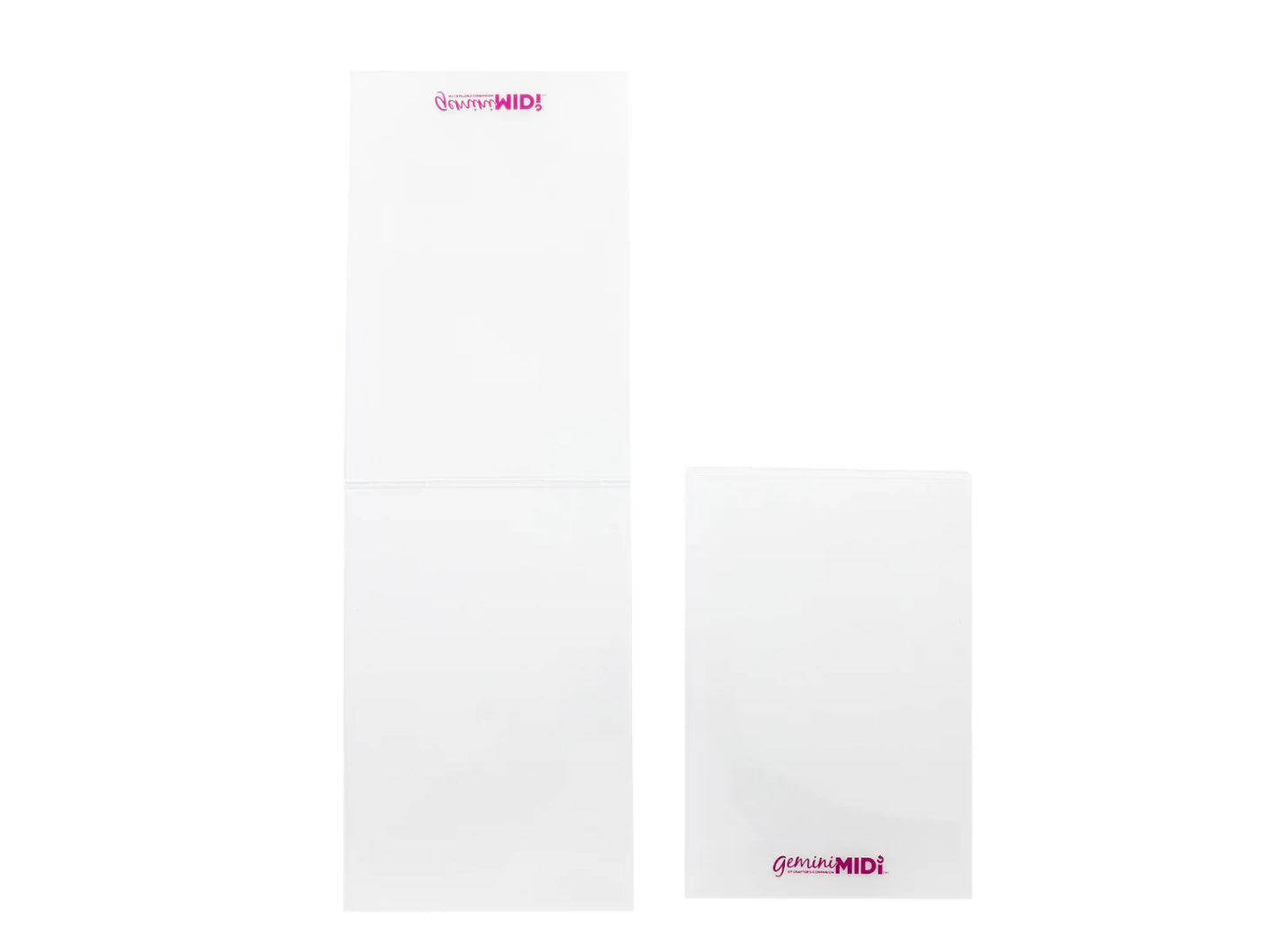 Two clear Gemini Midi plastic folders shown open displaying transparent construction for die cutting