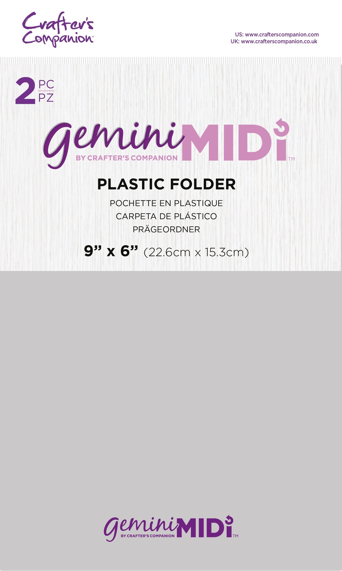 Crafter's Companion Gemini Midi plastic folder packaging showing 2-piece set, 9x6 inch size for manual die cutting machine