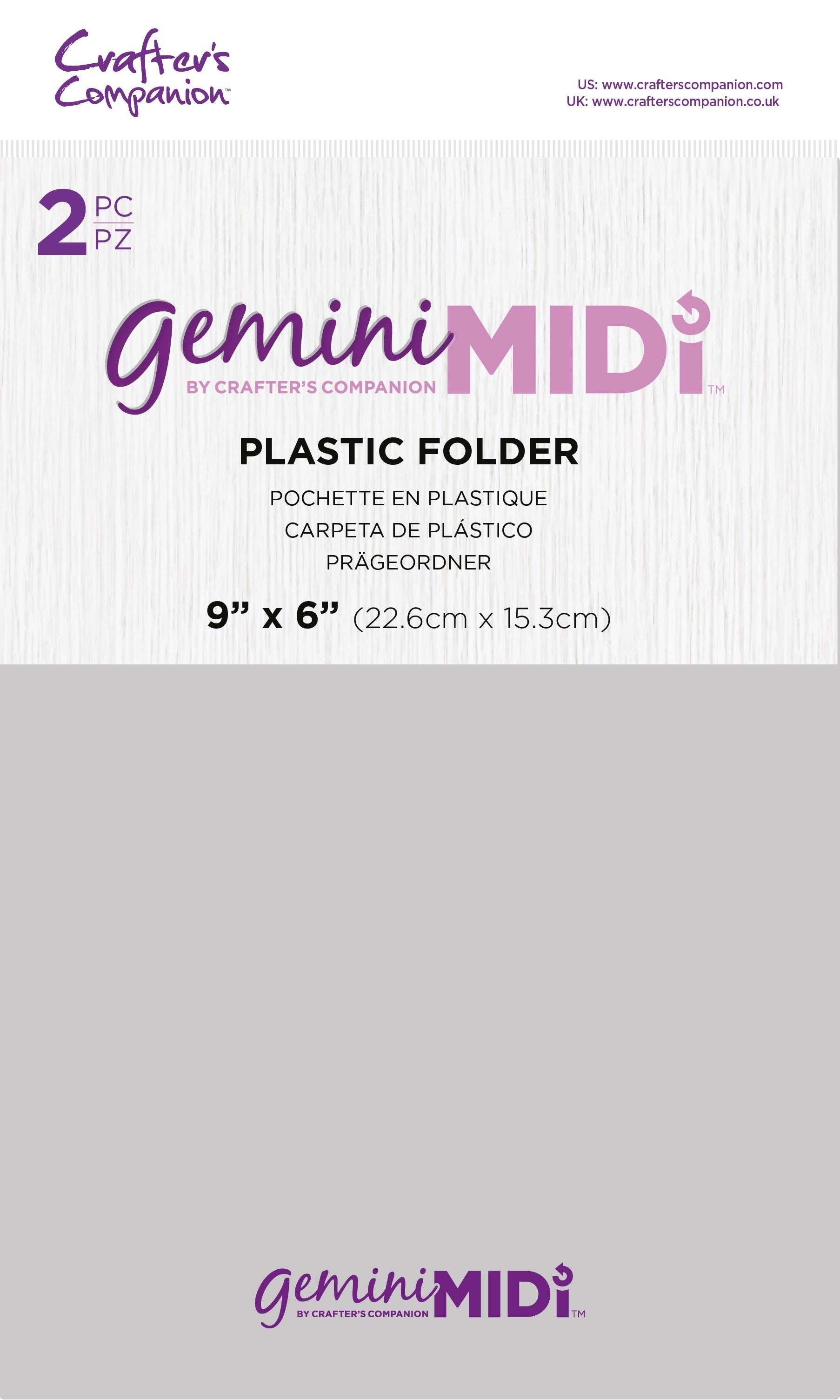 Crafter's Companion Gemini Midi plastic folder packaging showing 2-piece set, 9x6 inch size for manual die cutting machine