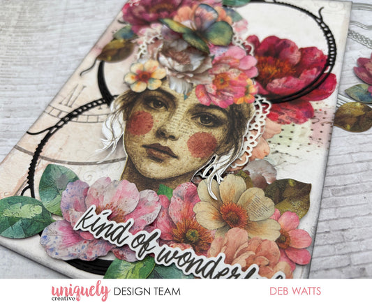 Mixed media card with Uniquely Creative Dressed in Daydreams vintage girl portrait, watercolour florals, lace doily, and 'kind of wonderful' sentiment on distressed background