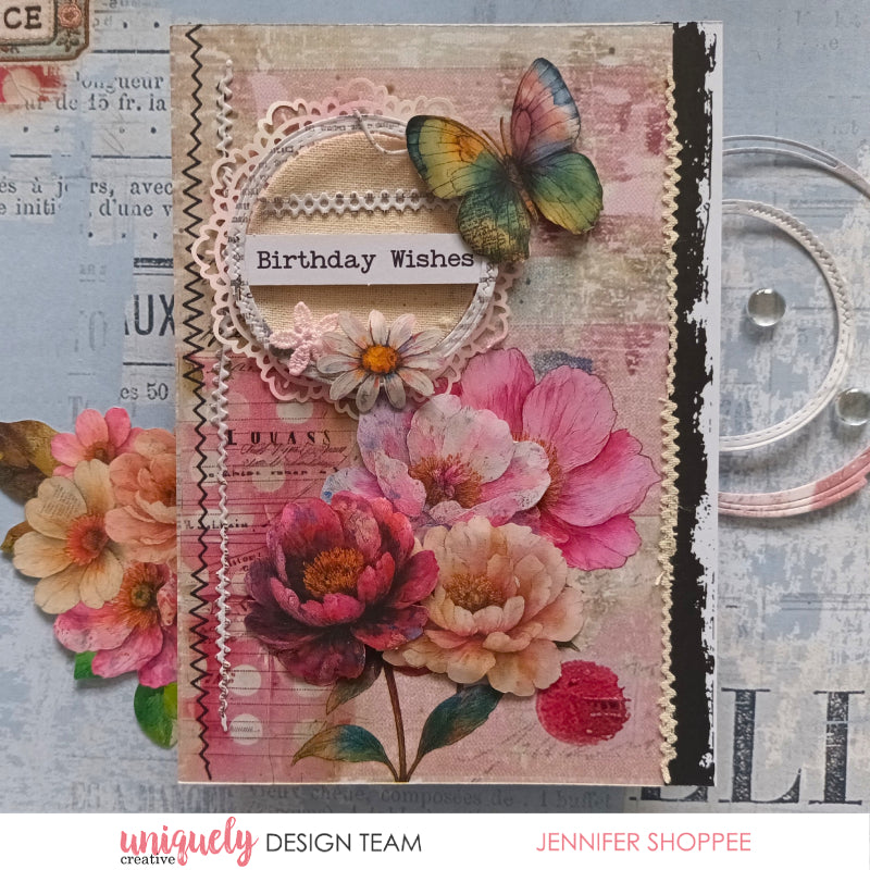 Handmade birthday card using Uniquely Creative Dressed in Daydreams papers featuring rainbow butterfly embellishment, vintage ephemera, lace doily, watercolour flowers and Birthday Wishes sentiment