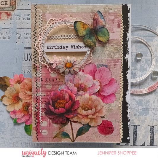 Handmade birthday card using Uniquely Creative Dressed in Daydreams papers featuring rainbow butterfly embellishment, vintage ephemera, lace doily, watercolour flowers and Birthday Wishes sentiment