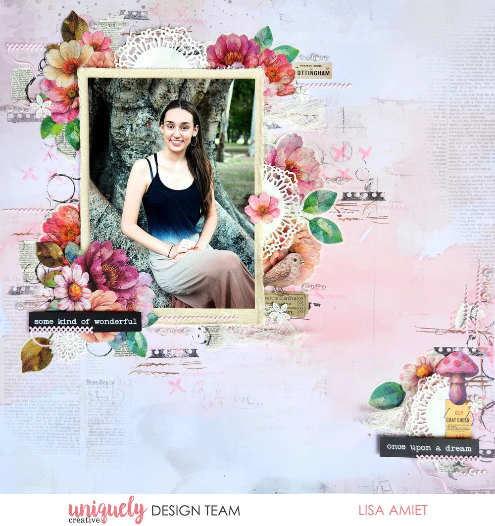 Scrapbook layout using Uniquely Creative Dressed in Daydreams collection featuring watercolour flowers, vintage ephemera, mushroom embellishments and delicate lace doily accents on soft pink background