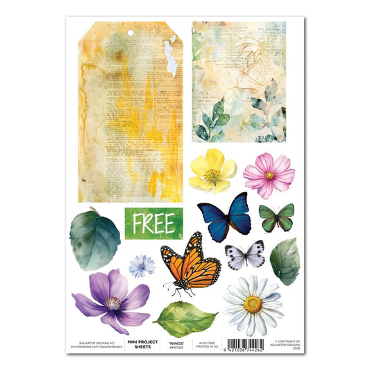 3Quarter Designs Fluttering Wings Mini Project Sheet — A4 cut-apart sheet featuring watercolour butterflies, florals, leaves and aged journal-style backgrounds 
