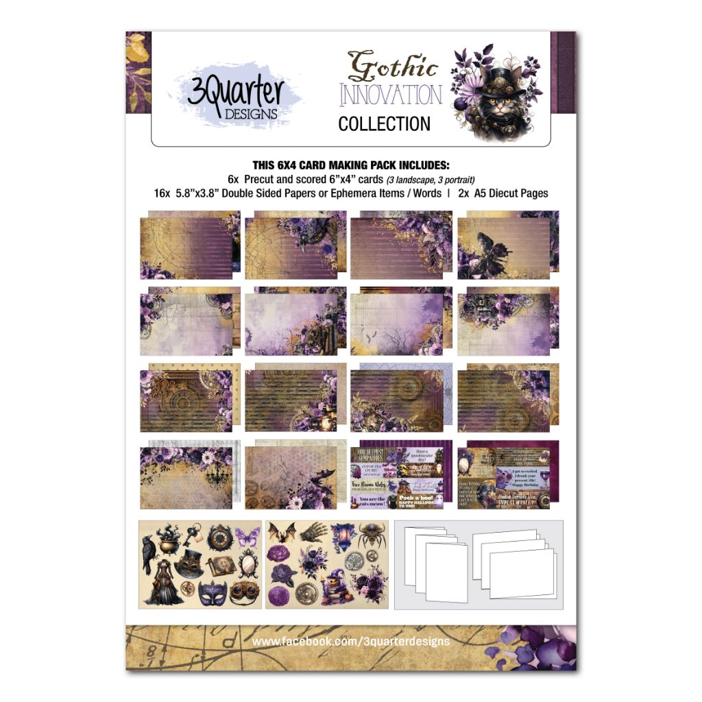Front of Gothic Innovation 6x4 card making kit showing purple gothic papers, die-cut sheets and six card bases
