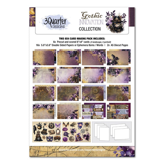Front of Gothic Innovation 6x4 card making kit showing purple gothic papers, die-cut sheets and six card bases