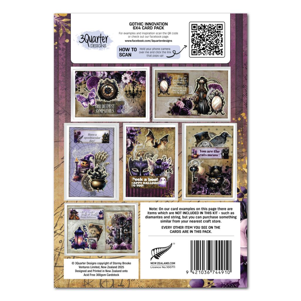 Back of Gothic Innovation 6x4 card making kit showing six gothic and steampunk sample cards