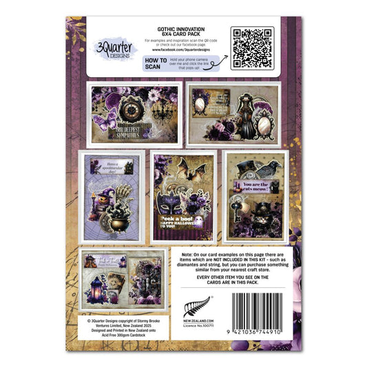 Back of Gothic Innovation 6x4 card making kit showing six gothic and steampunk sample cards