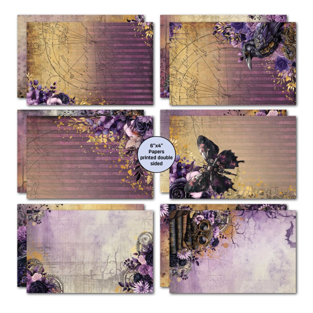 Gothic Innovation 6x4 double-sided papers with purple ruled designs, compass markings, raven, dark butterfly and flowers