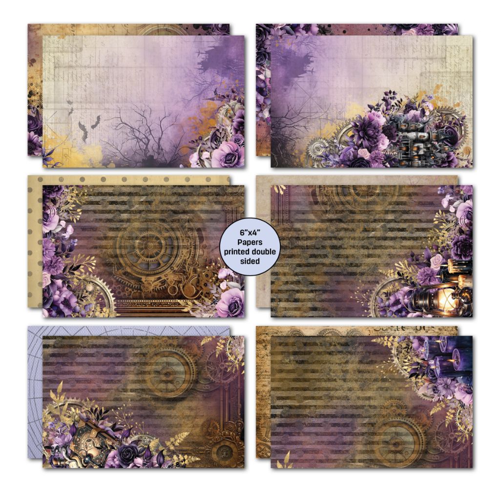 Gothic Innovation 6x4 double-sided papers with lavender floral backgrounds, antique gears, clock faces and lantern