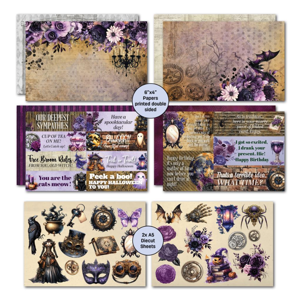 Gothic Innovation 6x4 papers with purple florals, chandelier, bats, Halloween sentiments and two A5 die-cut sheets