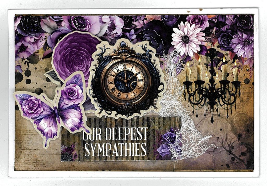 Gothic Innovation sympathy sample card with purple roses, butterfly, ornate clock and chandelier