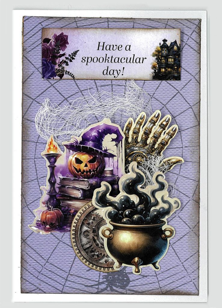 Gothic Innovation Halloween sample card with spooktacular greeting, pumpkin, cauldron and skeletal hand