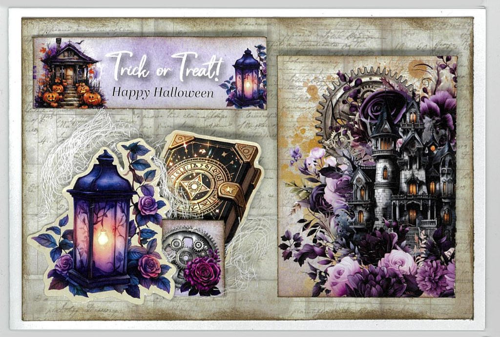 Gothic Innovation Trick or Treat sample card with glowing lantern, gothic house and purple flowers