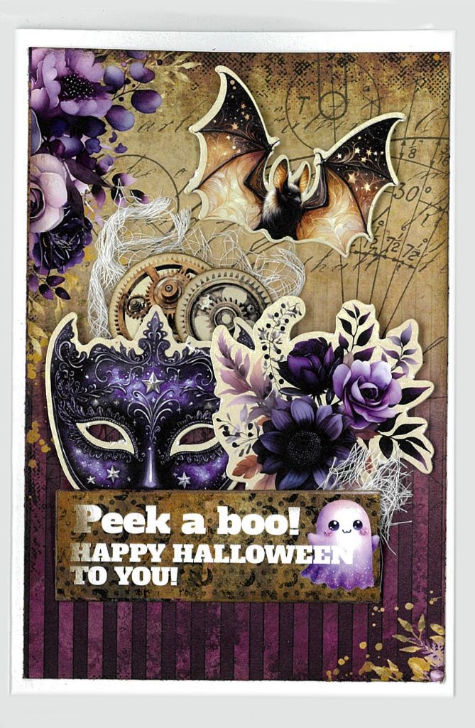 Gothic Innovation Halloween card with purple mask, bat, roses and Peek a boo greeting