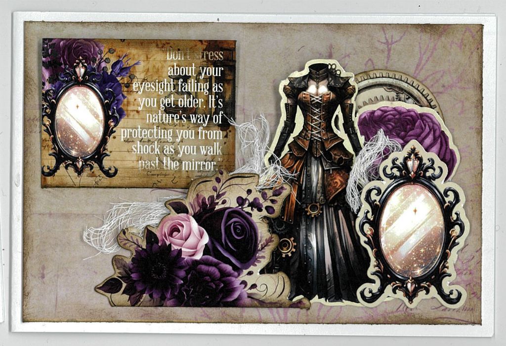 Gothic Innovation humorous card with ornate mirrors, gothic outfit, purple flowers and eyesight quote