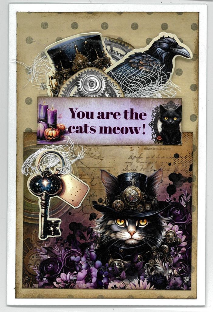 Gothic Innovation card with steampunk black cat, raven, key and You are the cats meow greeting