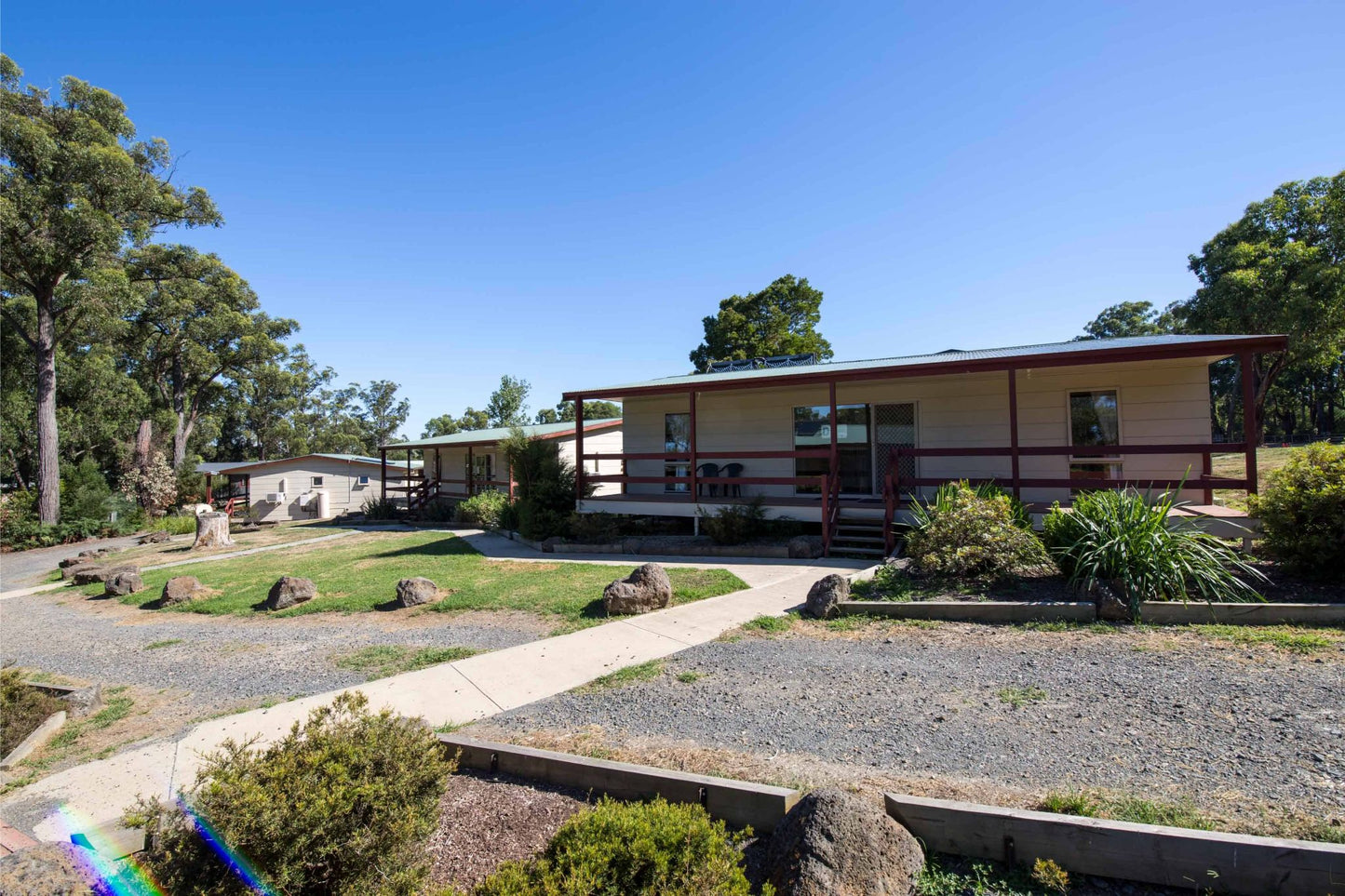 Accommodation cabins set amongst native bushland at Lyrebird Park Conference Centre in Yellingbo, Yarra Ranges