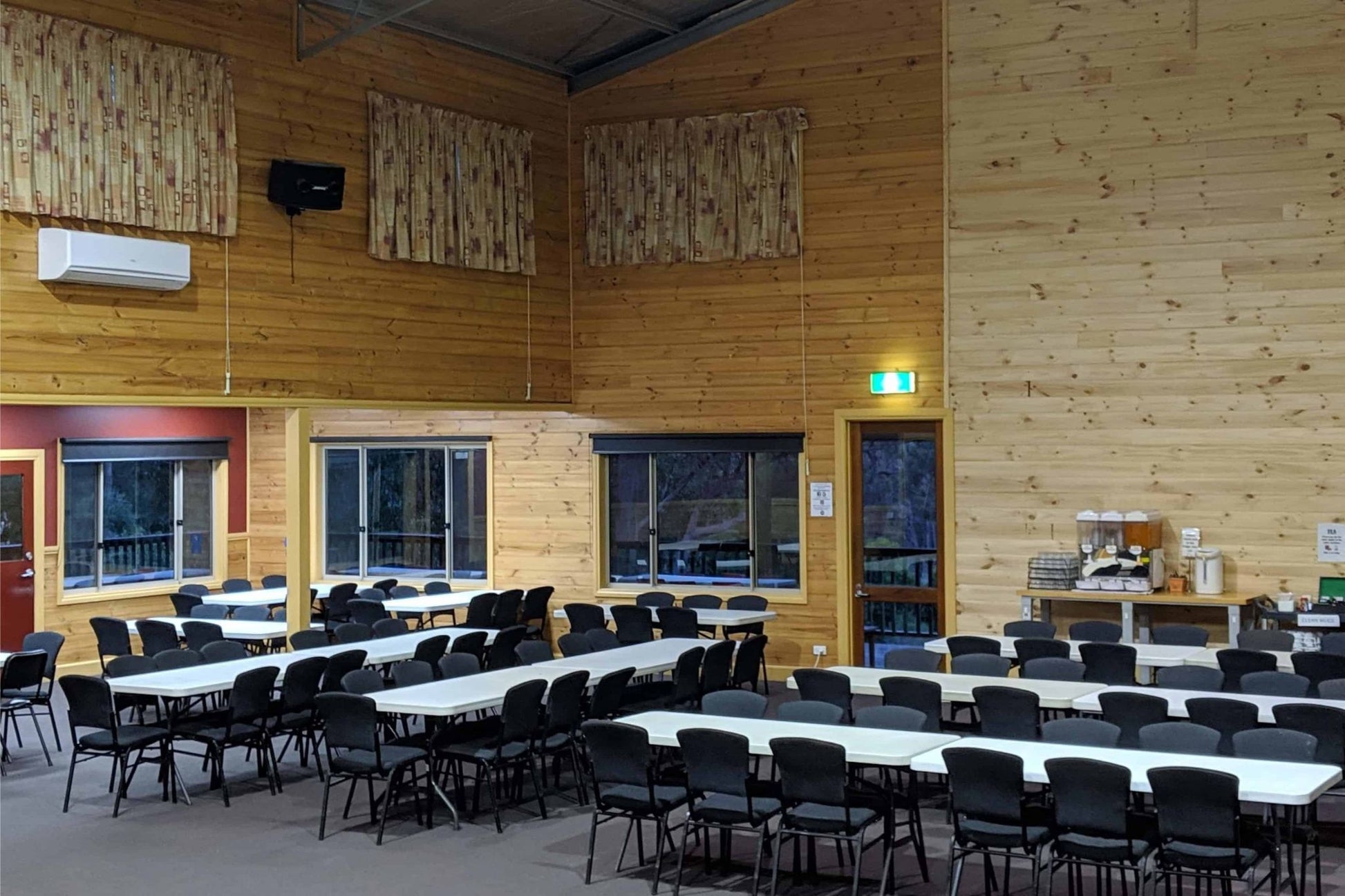 Dining hall at Lyrebird Park Conference Centre set up for fully catered meals during craft retreat long weekend